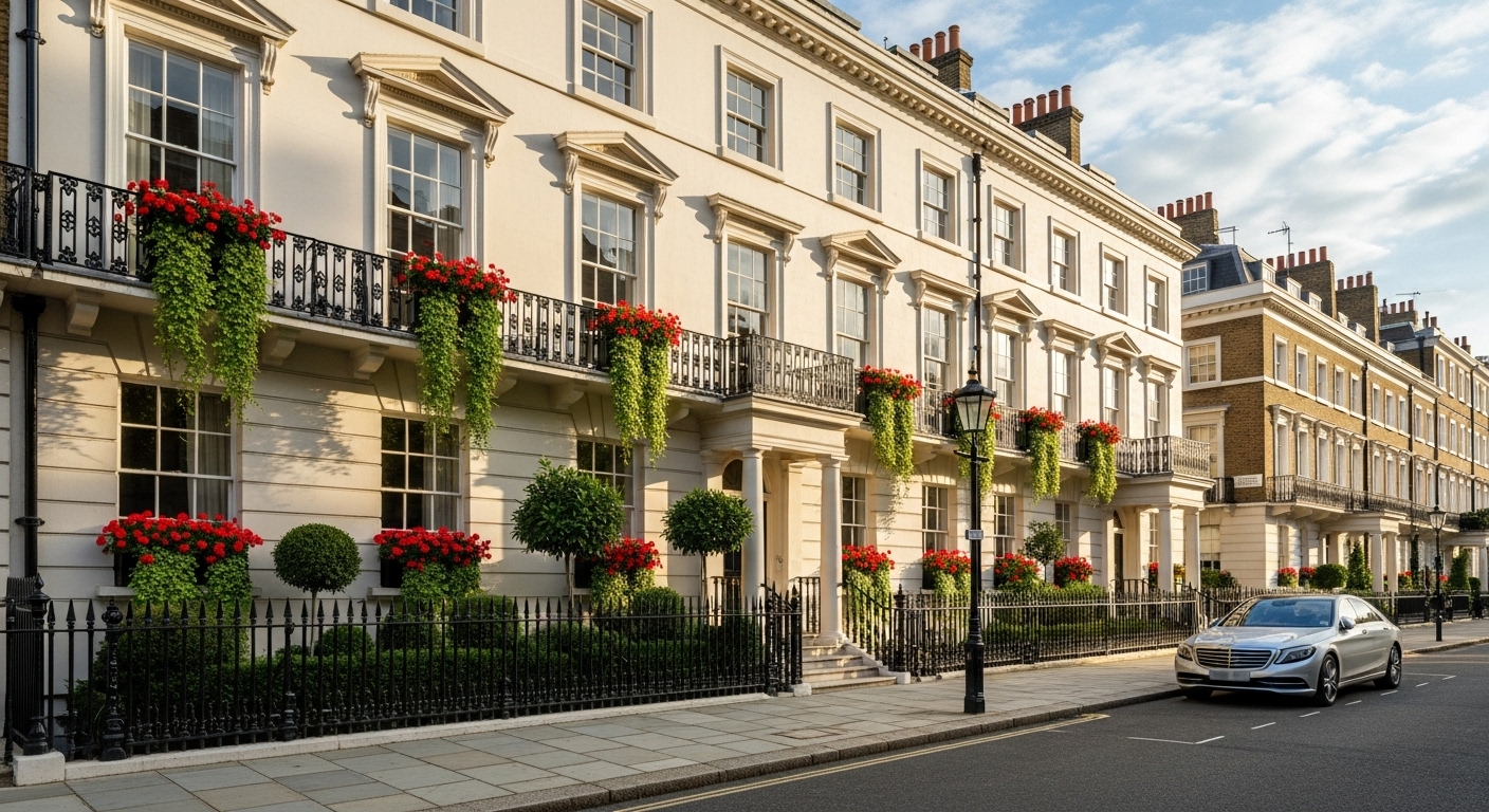 A wide-angle, photorealistic shot of a grand, historic Georgian townhouse in Belgravia, London, bathed in warm afternoon sunlight. The street is pristine, with a luxury car parked discreetly nearby. There are elegant wrought-iron railings and lush green window boxes, conveying a sense of exclusive luxury and British heritage.