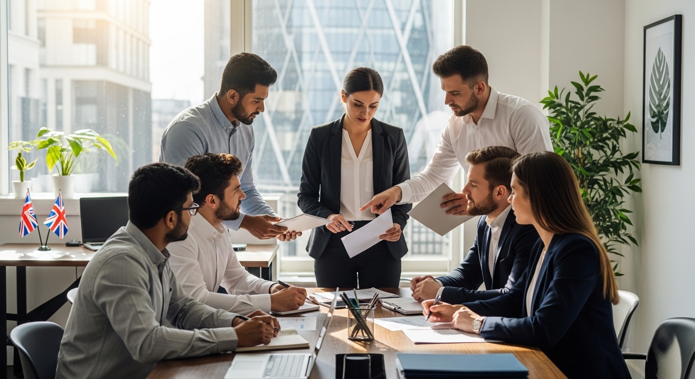 A diverse group of expat entrepreneurs in a modern, light-filled UK office, reviewing legal documents and discussing business strategies with a professional lawyer. The scene is collaborative and focused, with UK flags subtly in the background.