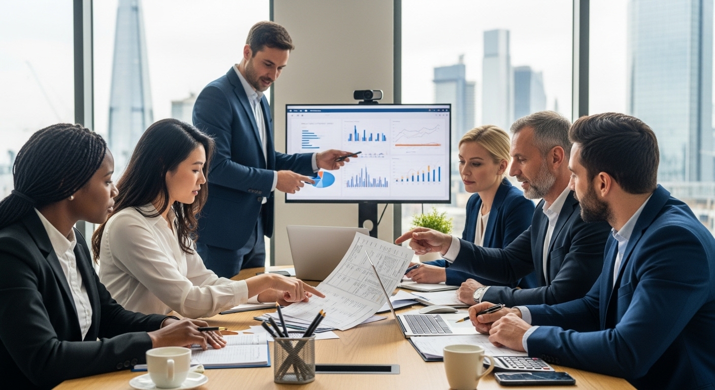 A diverse group of expat business owners in London, UK, collaborating and reviewing tax documents with a professional tax advisor in a modern, well-lit office. The image should convey professionalism and financial strategy.