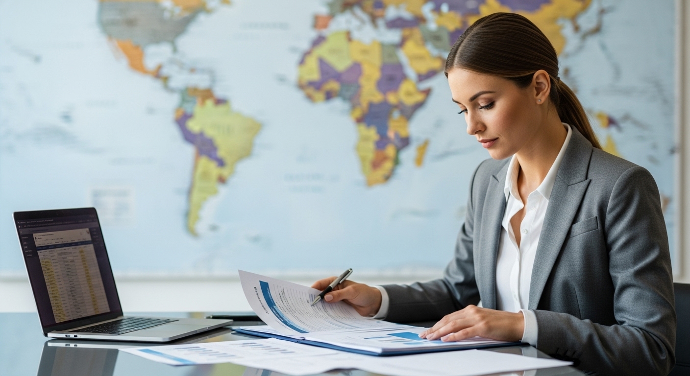 A professional-looking expat, possibly a woman in her 30s or 40s, sitting at a modern desk with a laptop open, reviewing financial documents and a world map dimly visible in the background, symbolizing global financial considerations. The overall tone is calm, organized, and serious, with good lighting and sharp focus on the person and documents.