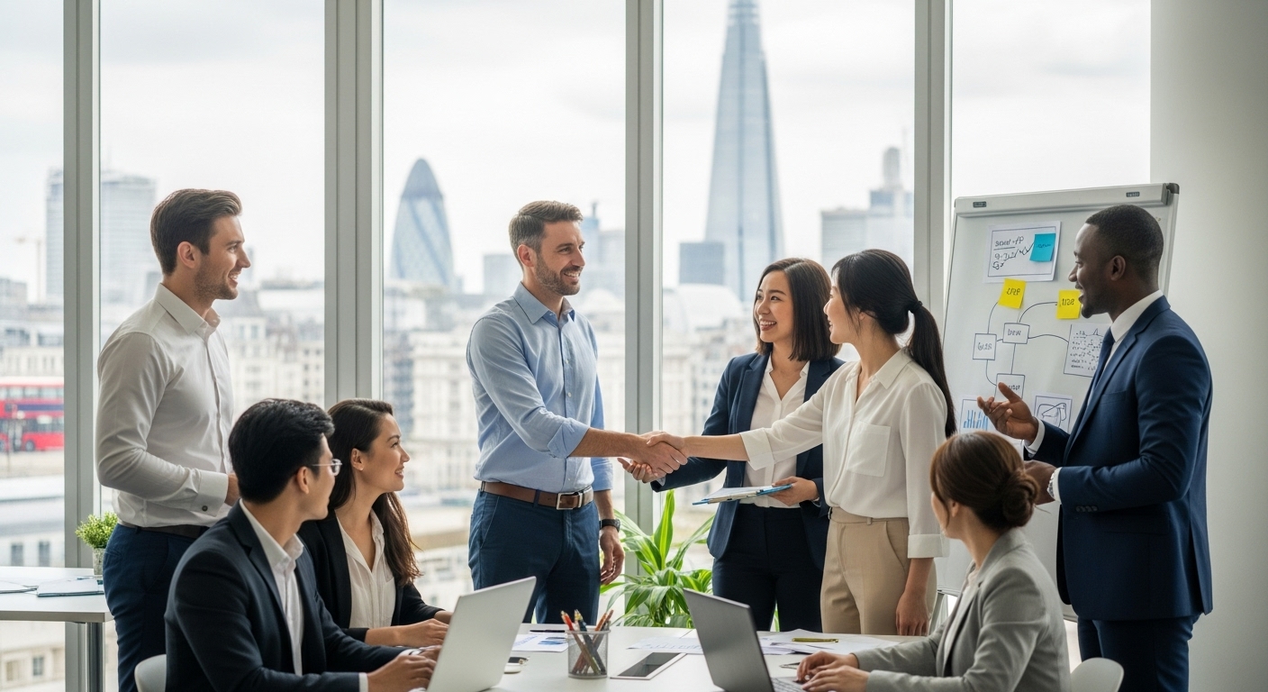 A diverse group of business professionals from various backgrounds shaking hands and collaborating in a modern, light-filled office space in London, with a subtle backdrop of iconic UK landmarks, conveying global business opportunity and partnership. Photorealistic style, high resolution.