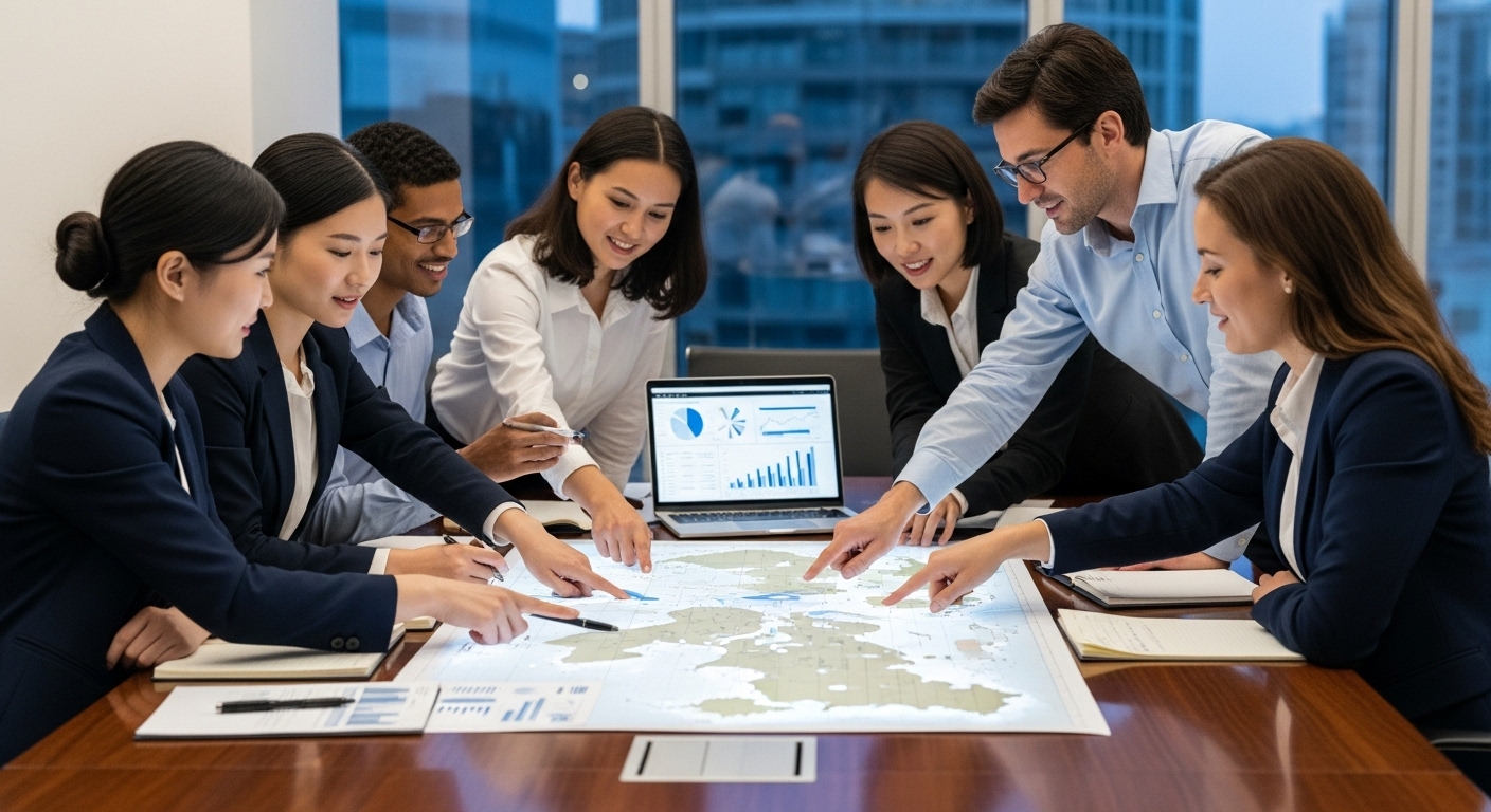 A diverse group of business professionals from different backgrounds collaborating around a table, looking at global market maps and digital charts on a laptop, signifying international business strategy and consulting.