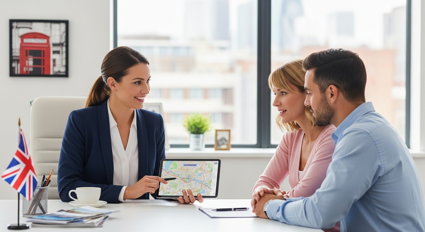A professional female relocation consultant in a modern office, smiling as she discusses relocation plans with a couple, pointing to a map of London on a tablet. The office is clean, bright, and features subtle UK decor.