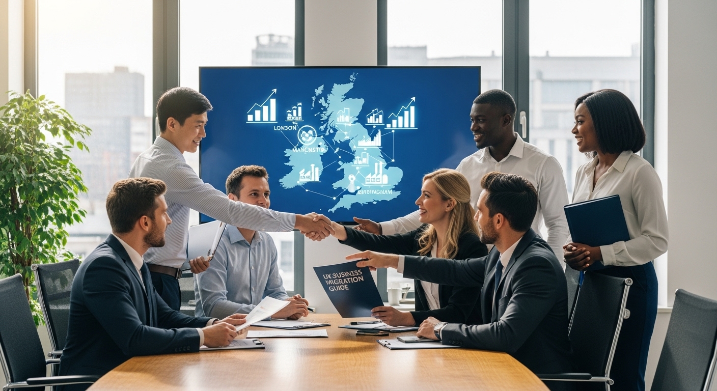 A diverse group of expat entrepreneurs shaking hands with professional UK business migration specialists in a modern office setting. The specialists are providing documents and offering guidance, while a large monitor in the background displays a map of the UK with business growth icons. The atmosphere is collaborative and reassuring, with natural light. Photorealistic.