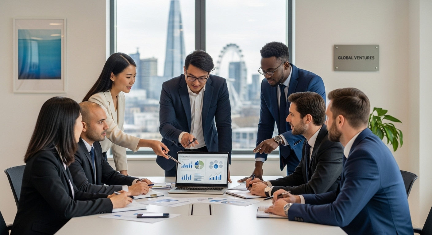 A diverse group of expat professionals from various backgrounds, looking determined and collaborating around a modern conference table in a bright, contemporary office space in London, with a laptop displaying business charts and documents. The atmosphere is professional and innovative, capturing the essence of international entrepreneurship.