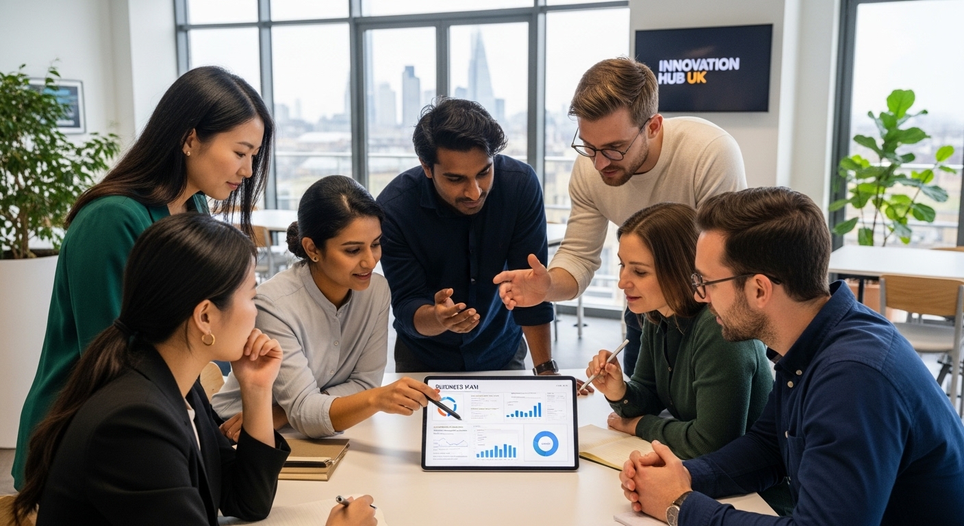 A diverse group of expat entrepreneurs in a modern, light-filled co-working space, collaborating and looking at a digital tablet with business plans, symbolizing innovation and collaboration in the UK.