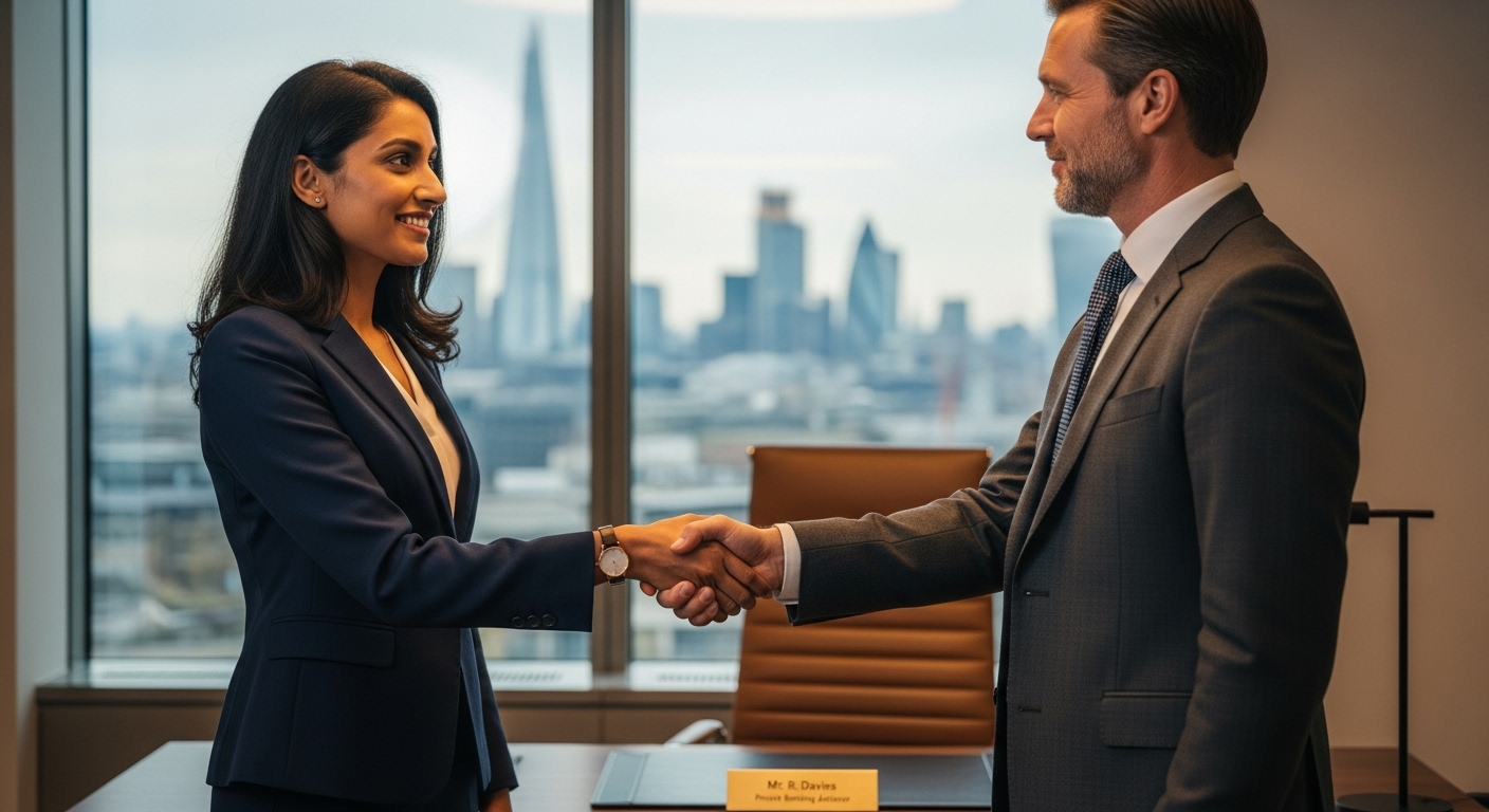 A diverse expat professional in a modern, sophisticated office setting, shaking hands with a private banking advisor. The background shows a subtle, blurred skyline of London, indicating the UK location. The lighting is warm and professional, emphasizing trust and expertise. Photorealistic, high-resolution.
