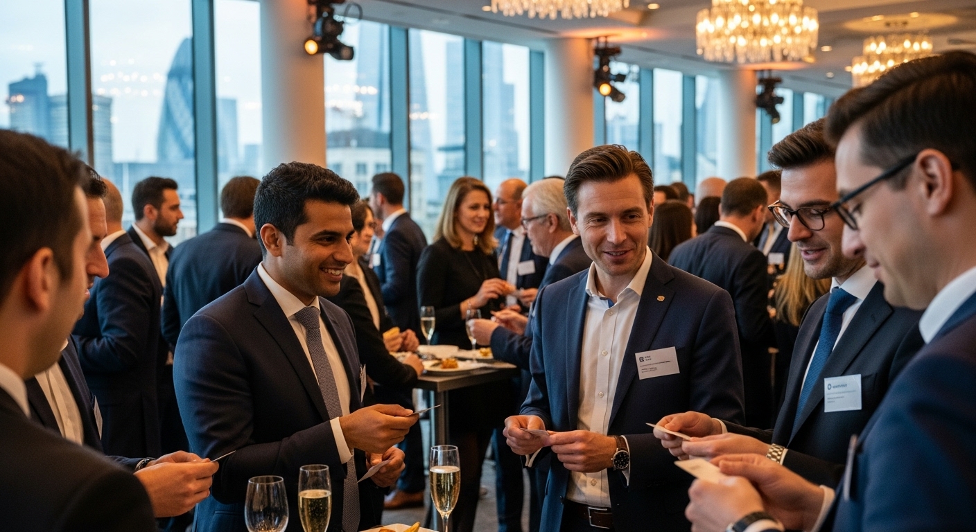 A diverse group of international professionals networking and exchanging business cards at a bustling, elegant business event in a modern London venue. The scene should convey energy and professional interaction, with some individuals smiling and engaged in conversation.