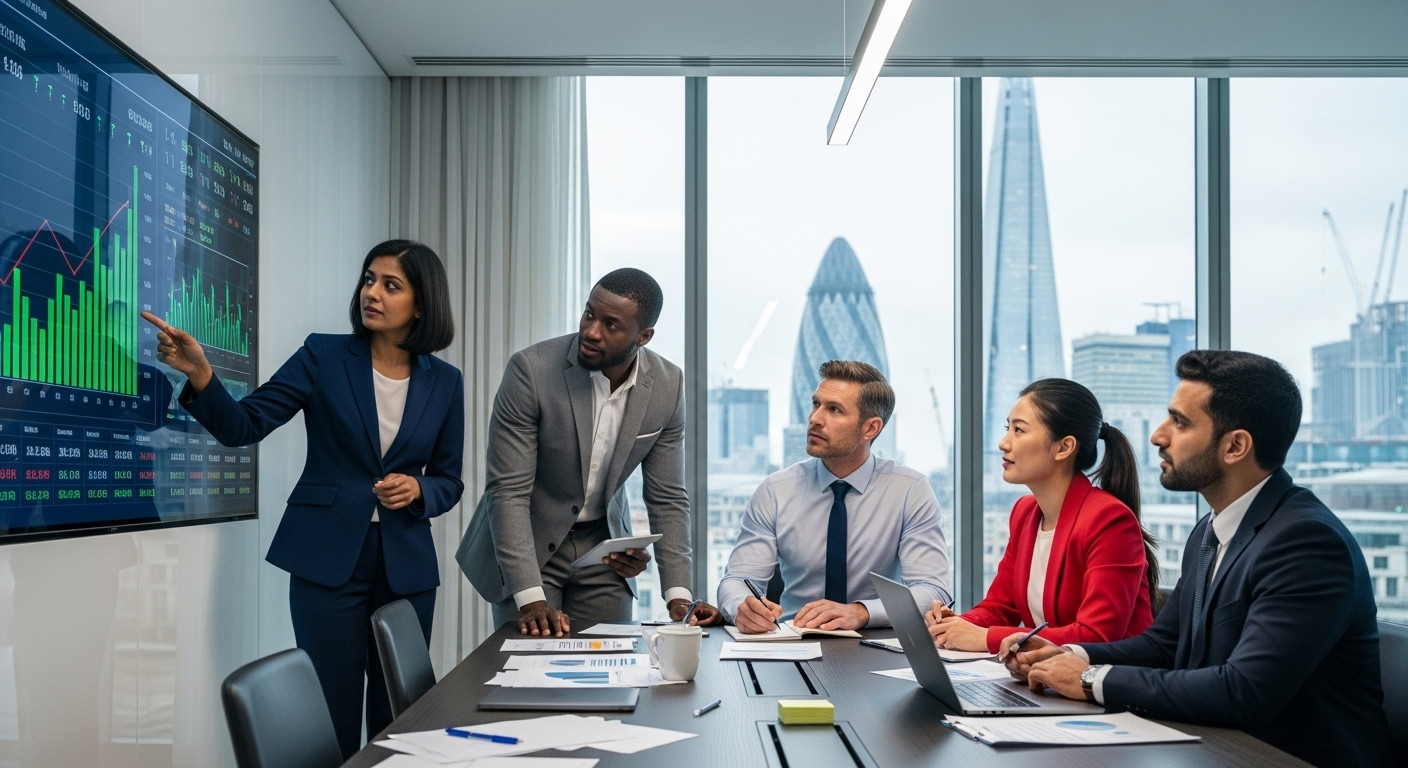 A diverse group of international business professionals in a modern, sleek London office discussing investment strategies, with a digital display showing growth charts and financial data in the background, professional and photorealistic