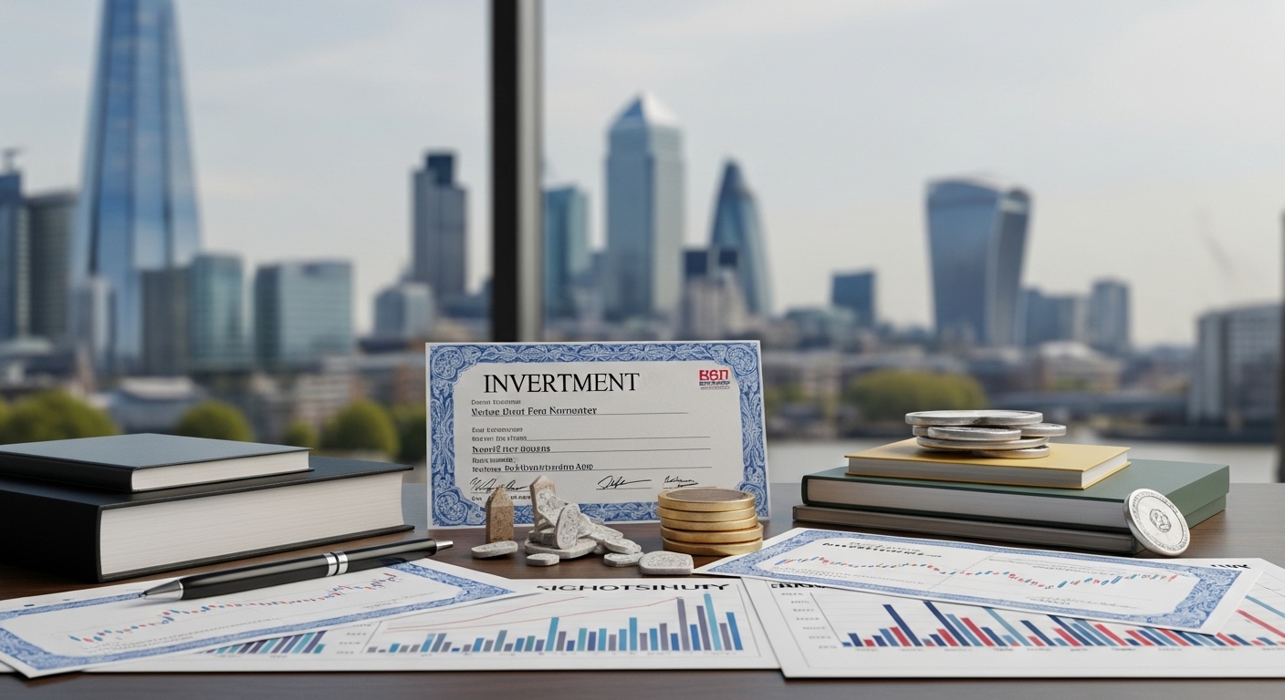 A detailed and photorealistic image showcasing a diverse portfolio of investment assets, including property deeds, stock certificates, and financial charts, meticulously arranged on a sophisticated desk. In the background, a blurred but recognizable London skyline with iconic buildings like The Shard and Canary Wharf adds context. The lighting is soft and professional, highlighting the importance of strategic high net worth expat investments in the UK.